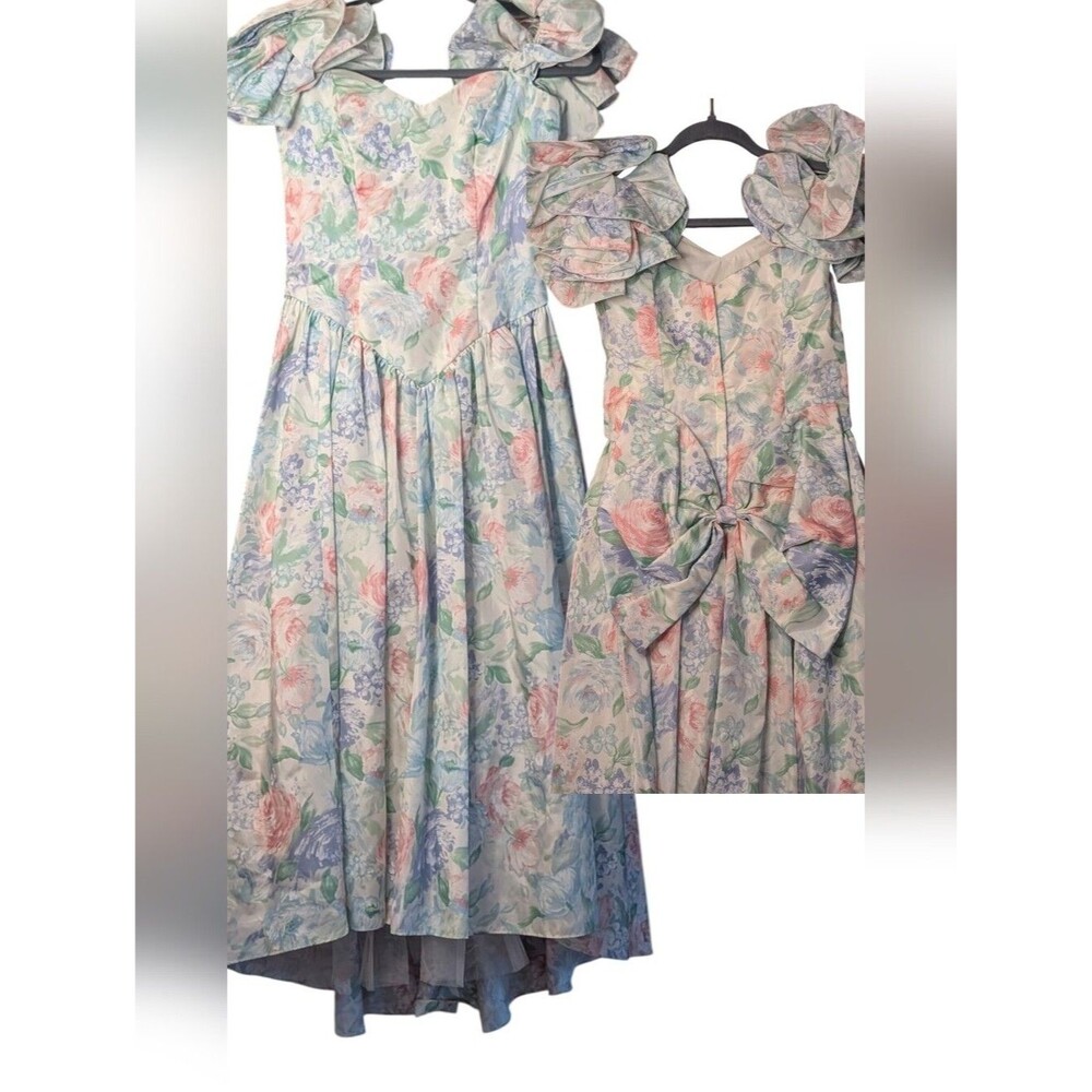 Vintage 80s Loralie Floral Prom Dress Ruffle Puff Sleeve High Low Petticoat sz 4